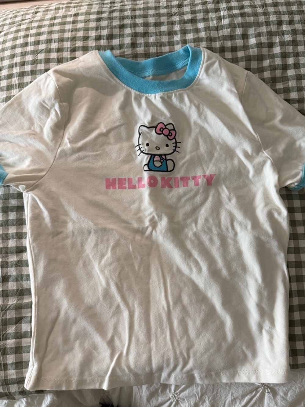 Hello Kitty White Tee with Light Blue Trim and Pink Logo